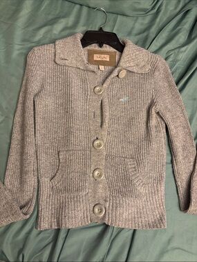 Hollister Light Gray Ribbed Button-Up Cardigan with Blue Logo